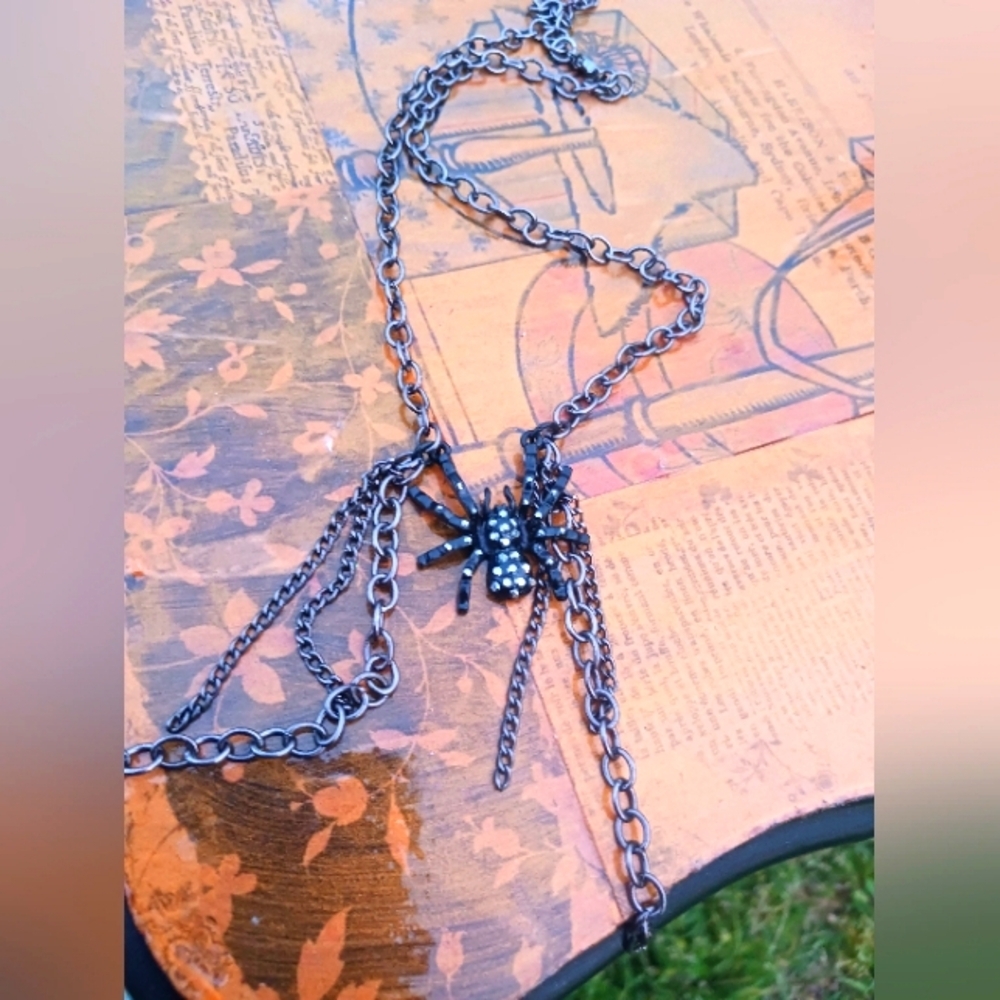 OOAK Artisan Created Black Crystal Studded Spider Necklace